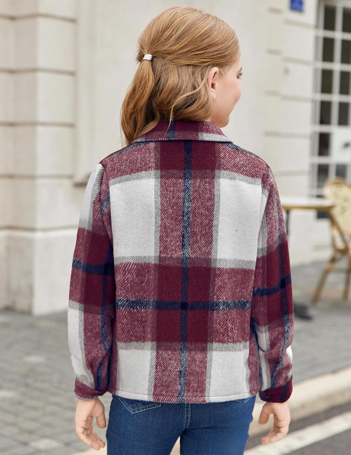 imageArshiner Girls Flannel Fall Winter Cropped Shacket Plaid Jacket Casual Long Sleeve Button Down Fashion CoatWine Red