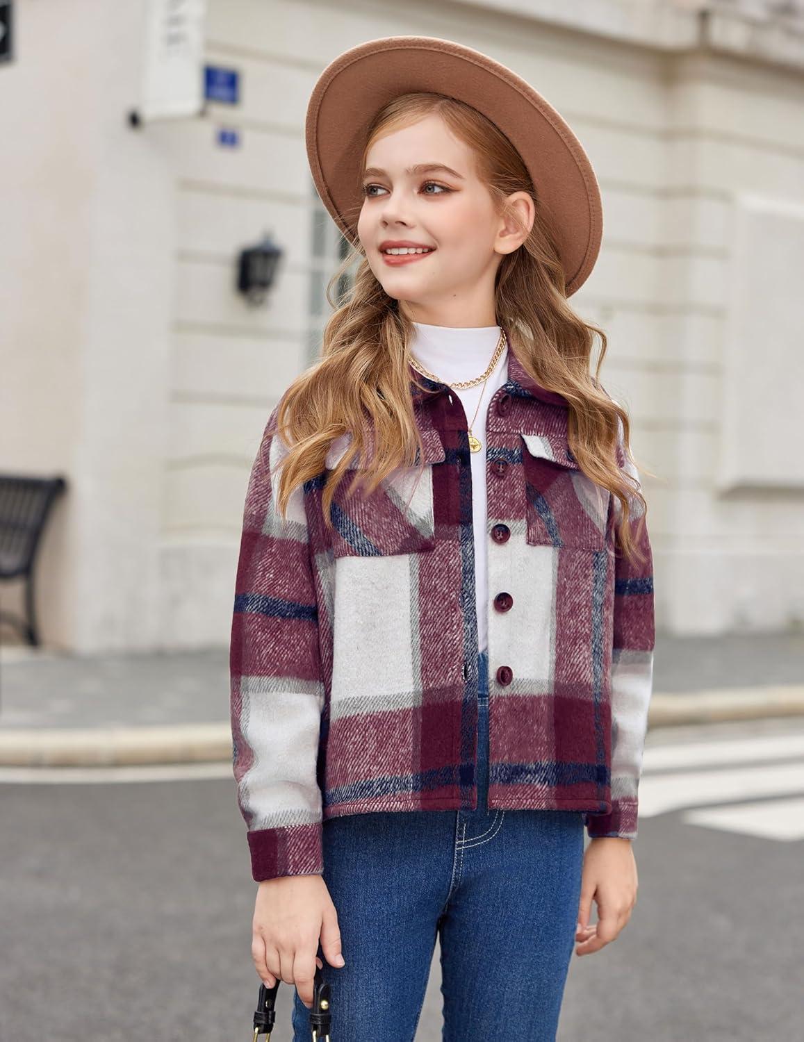imageArshiner Girls Flannel Fall Winter Cropped Shacket Plaid Jacket Casual Long Sleeve Button Down Fashion CoatWine Red