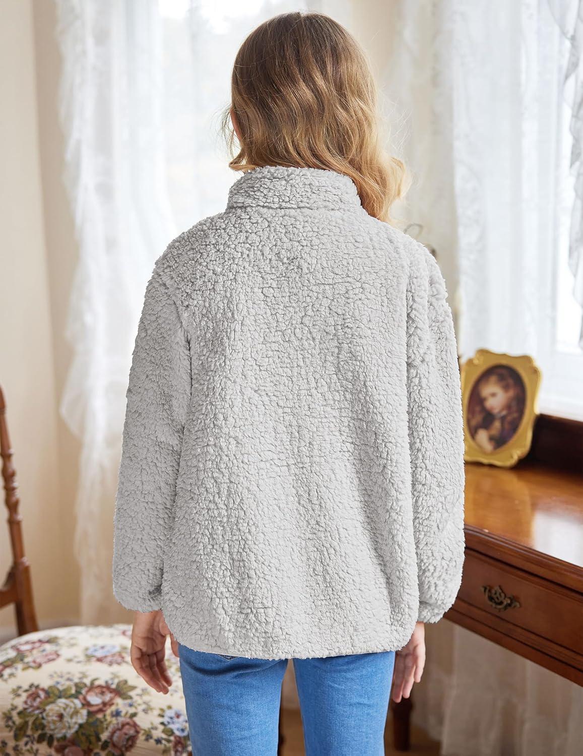 imageArshiner Girls Fleece Jacket Sherpa Fall Winter Full Zip Fuzzy Coat Outwear with PocketsGrey