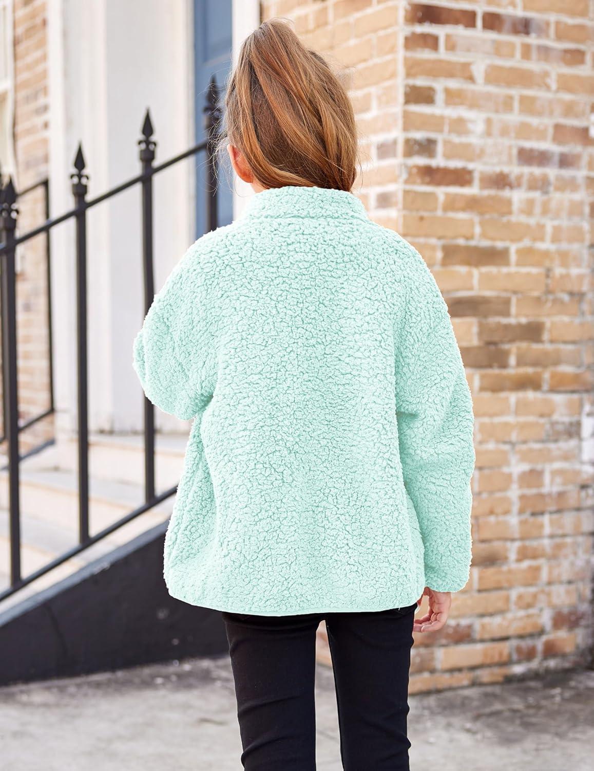 imageArshiner Girls Fleece Jacket Sherpa Fall Winter Full Zip Fuzzy Coat Outwear with PocketsLight Blue
