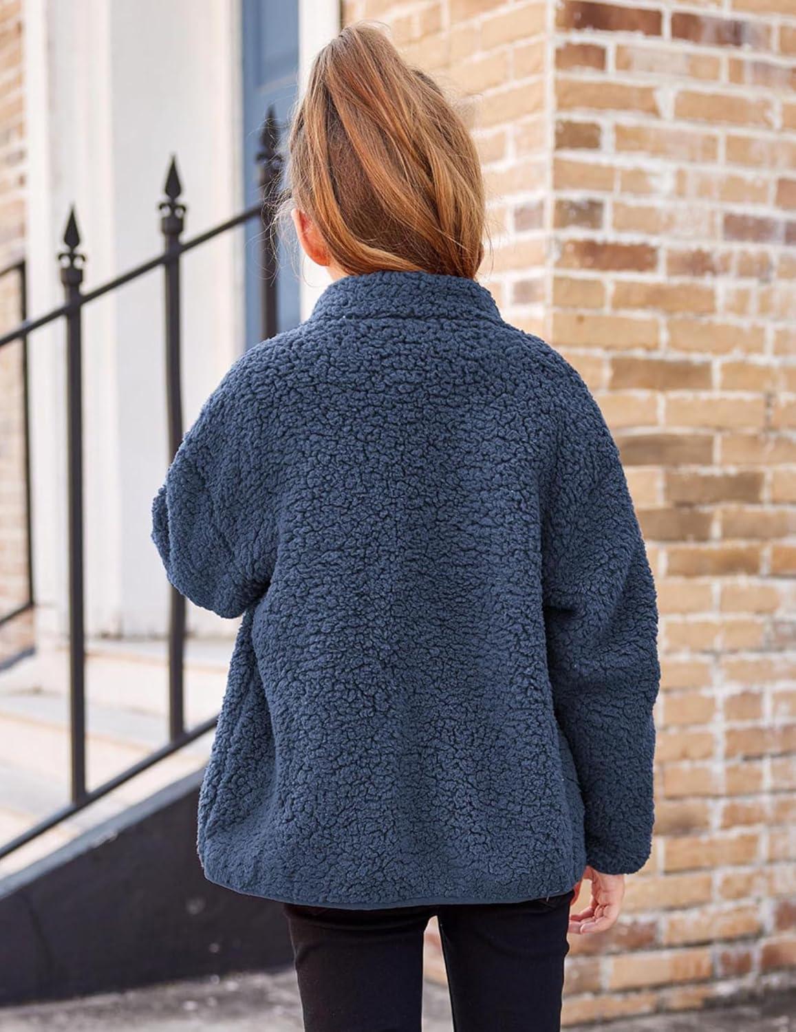 imageArshiner Girls Fleece Jacket Sherpa Fall Winter Full Zip Fuzzy Coat Outwear with PocketsNavy