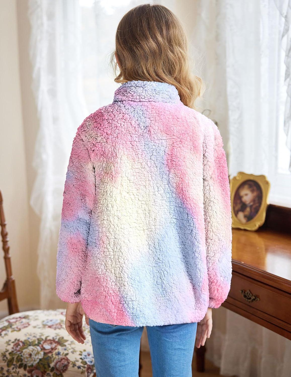 imageArshiner Girls Fleece Jacket Sherpa Fall Winter Full Zip Fuzzy Coat Outwear with PocketsTie Dye