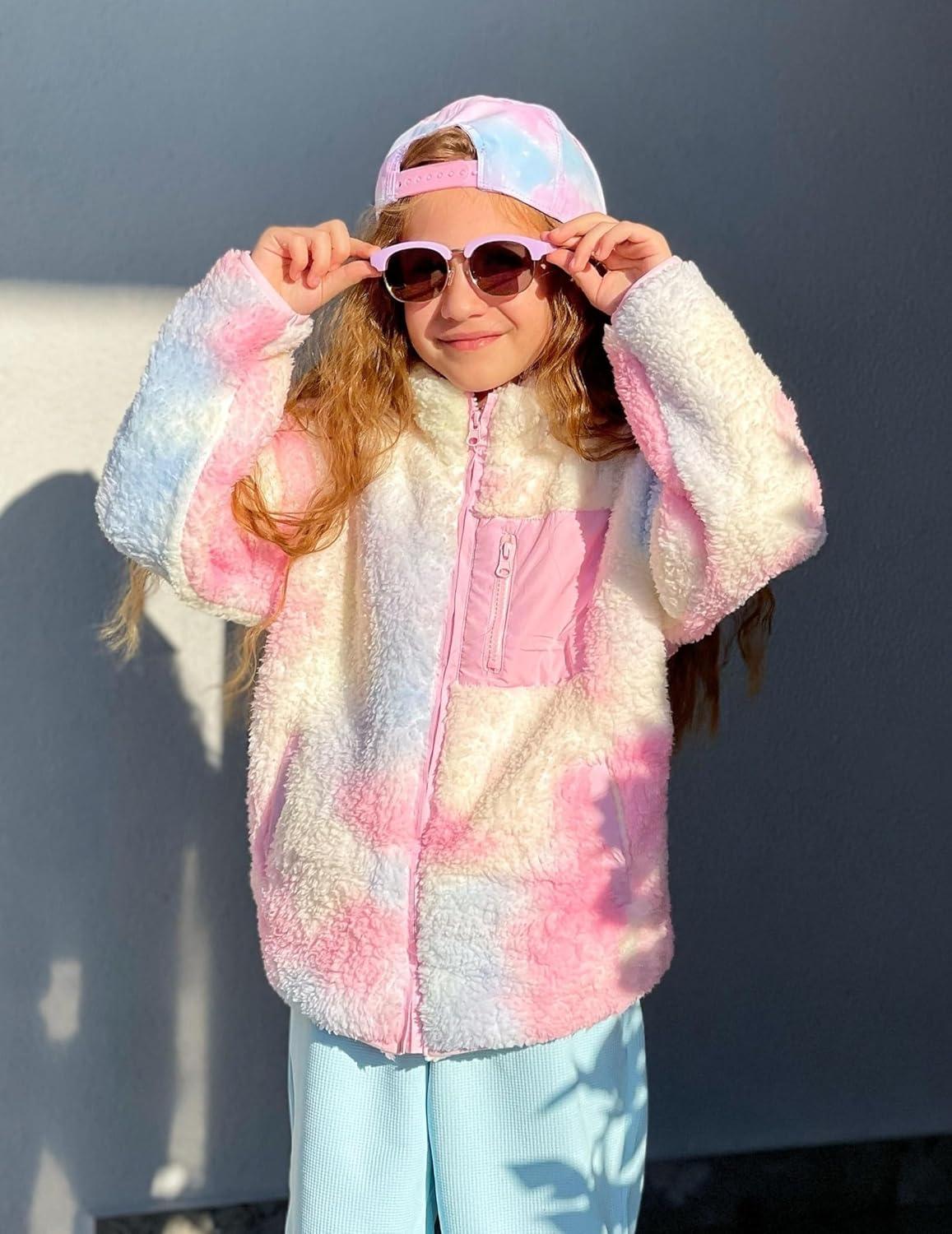 imageArshiner Girls Fleece Jacket Sherpa Fall Winter Full Zip Fuzzy Coat Outwear with PocketsTie Dye