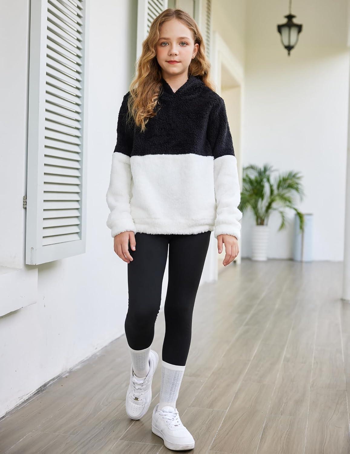imageArshiner Girls Fuzzy Fleece Hoodies Casual Sweatshirt Sherpa Pullover with Kangaroo PocketsAblack