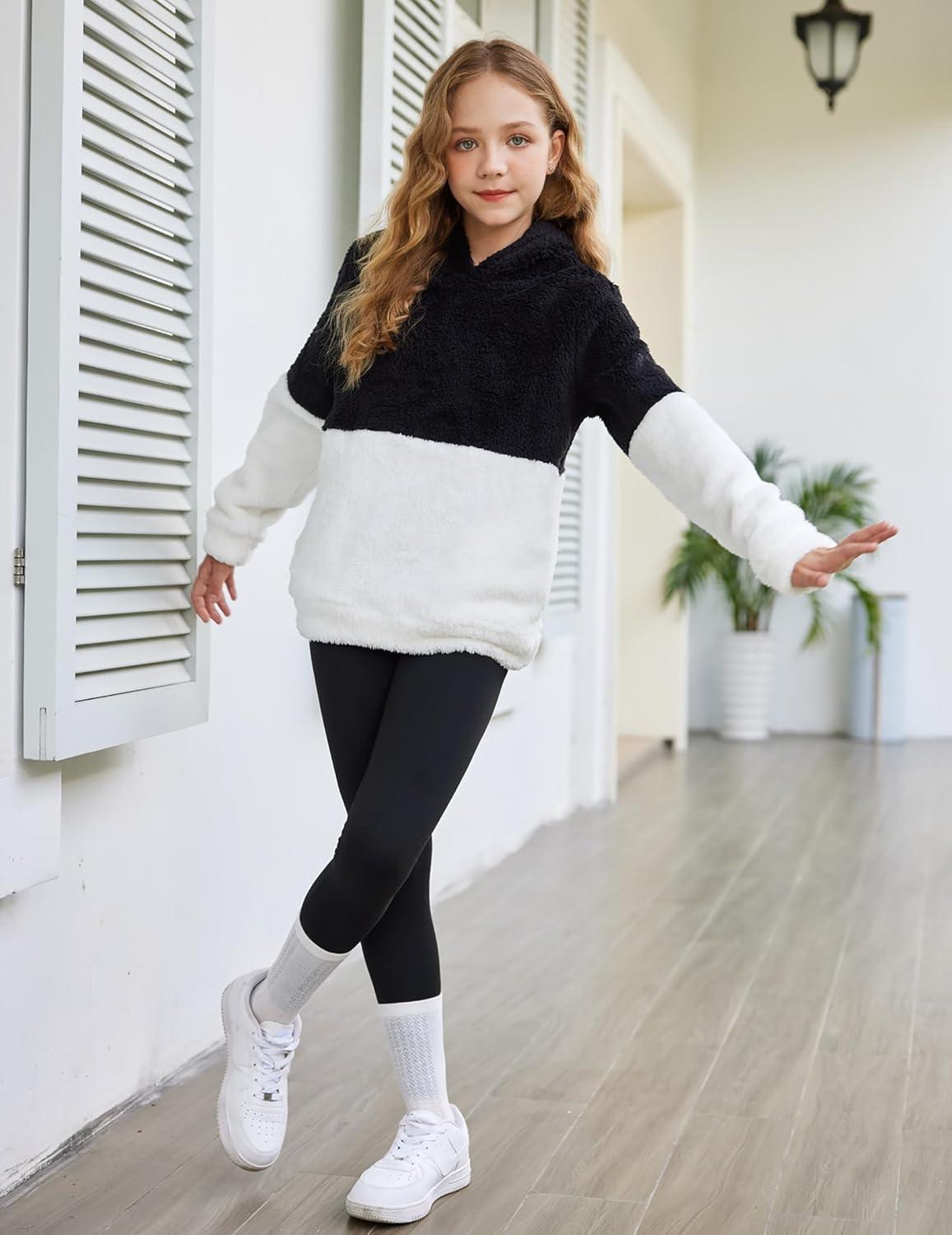 imageArshiner Girls Fuzzy Fleece Hoodies Casual Sweatshirt Sherpa Pullover with Kangaroo PocketsAblack
