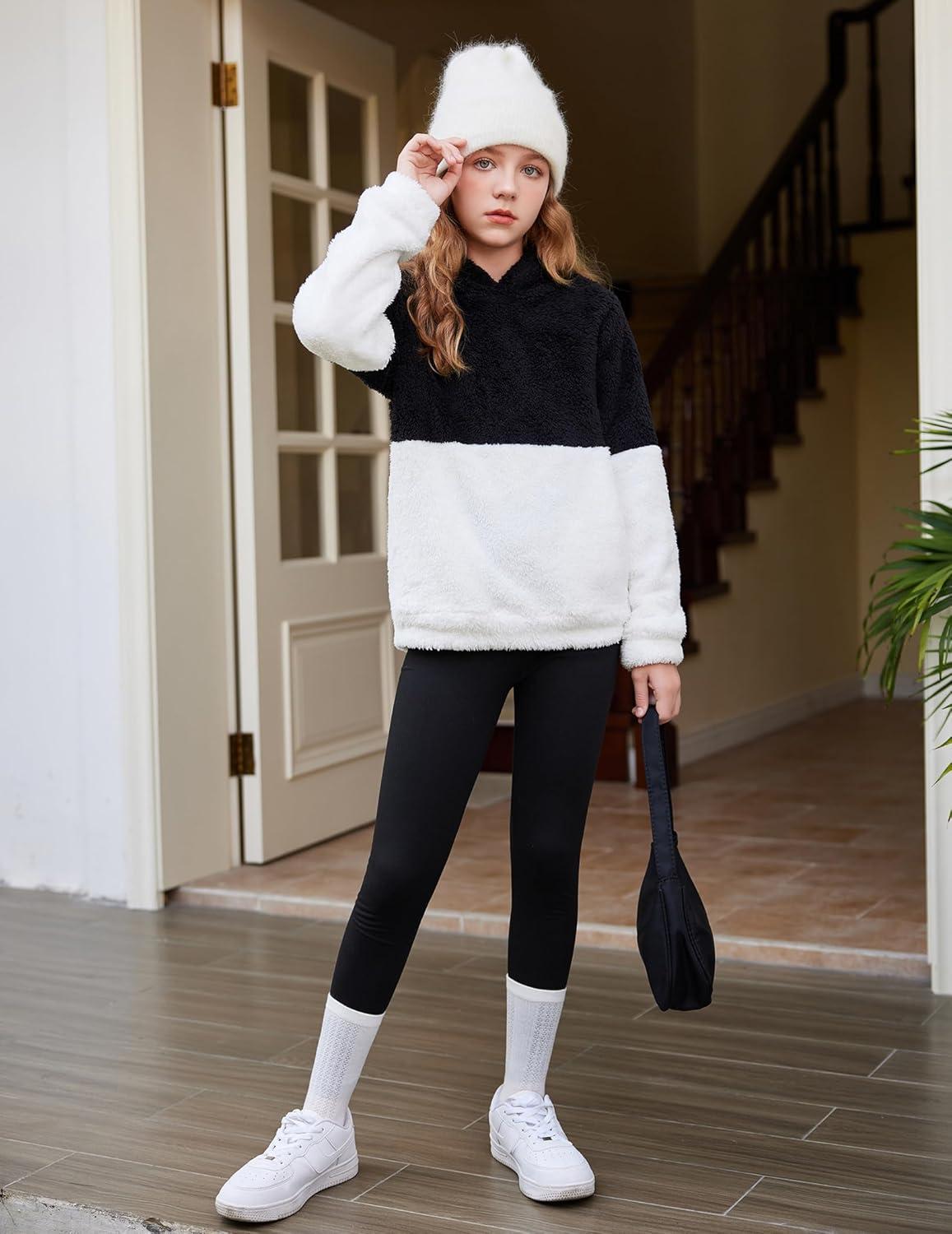 imageArshiner Girls Fuzzy Fleece Hoodies Casual Sweatshirt Sherpa Pullover with Kangaroo PocketsAblack