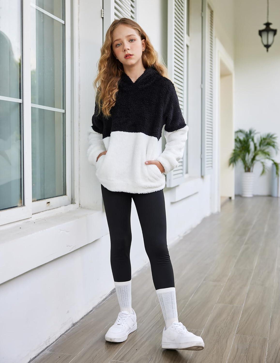 imageArshiner Girls Fuzzy Fleece Hoodies Casual Sweatshirt Sherpa Pullover with Kangaroo PocketsAblack