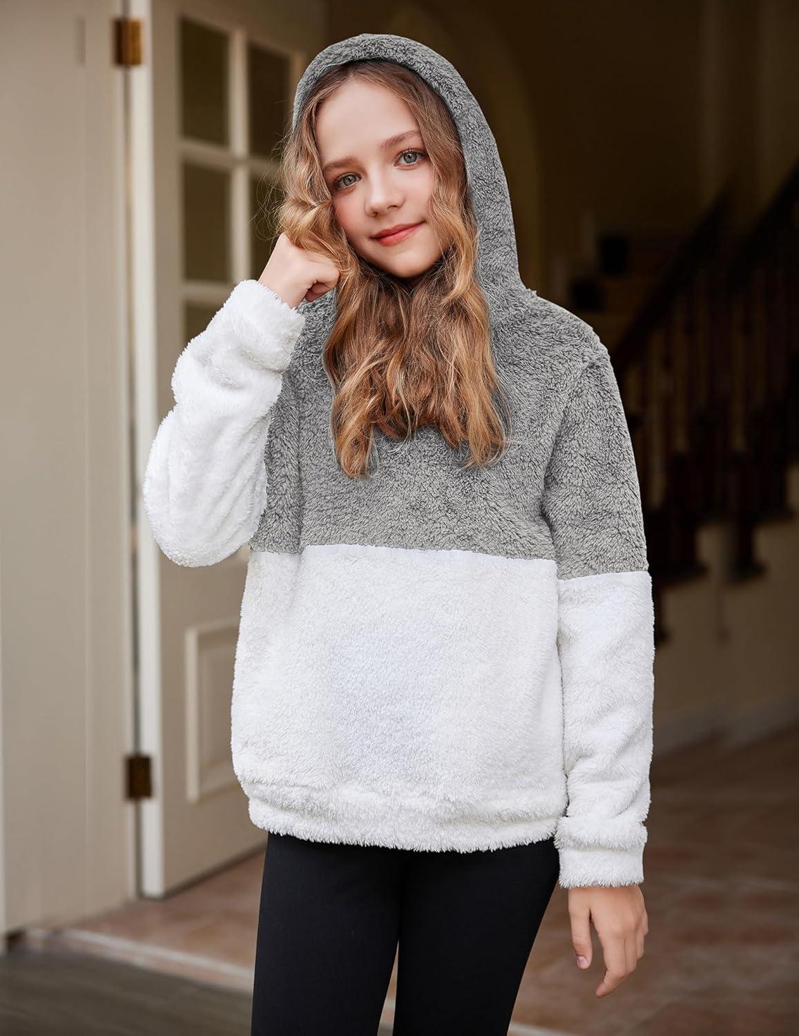 imageArshiner Girls Fuzzy Fleece Hoodies Casual Sweatshirt Sherpa Pullover with Kangaroo PocketsAgrey