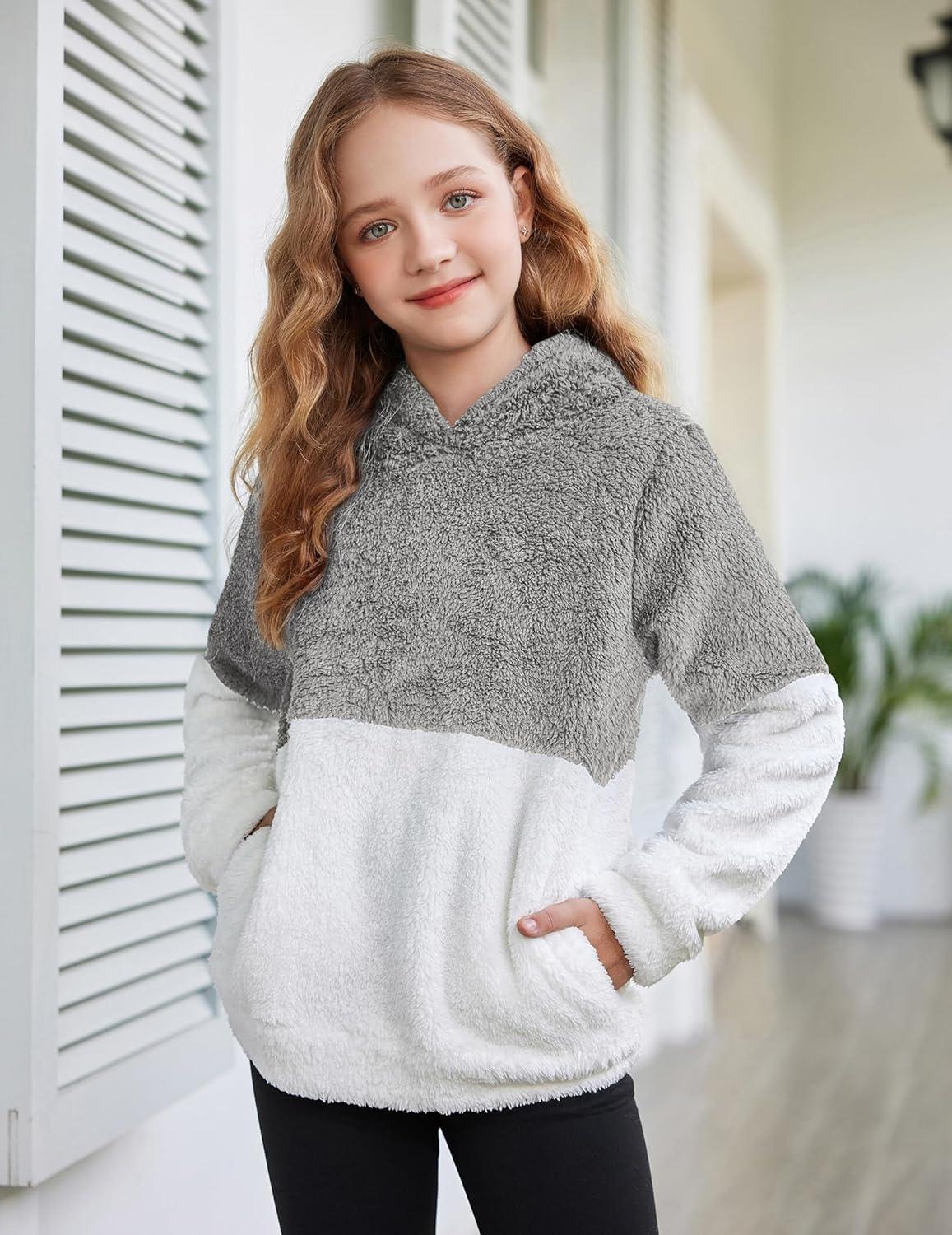 imageArshiner Girls Fuzzy Fleece Hoodies Casual Sweatshirt Sherpa Pullover with Kangaroo PocketsAgrey