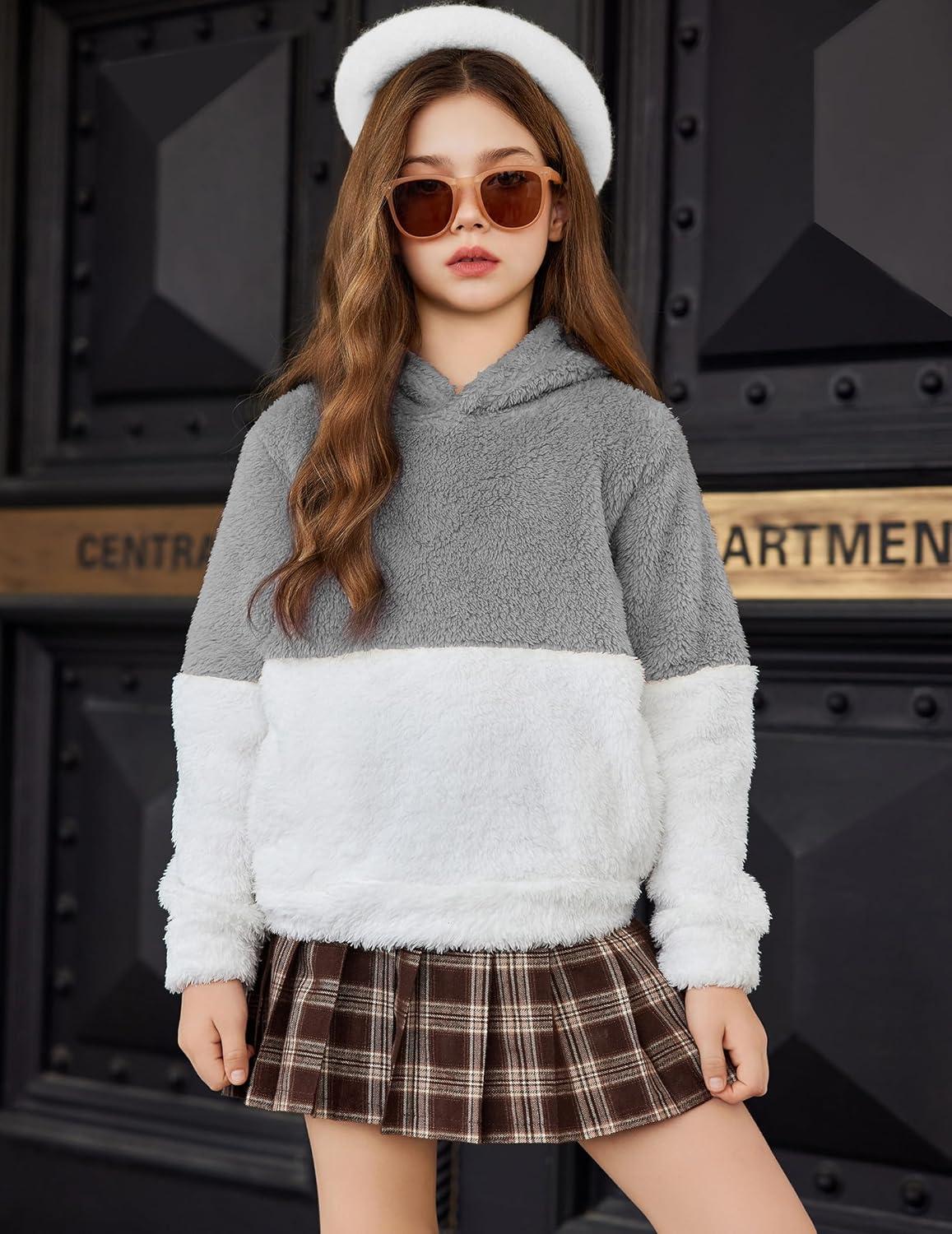 imageArshiner Girls Fuzzy Fleece Hoodies Casual Sweatshirt Sherpa Pullover with Kangaroo PocketsAgrey