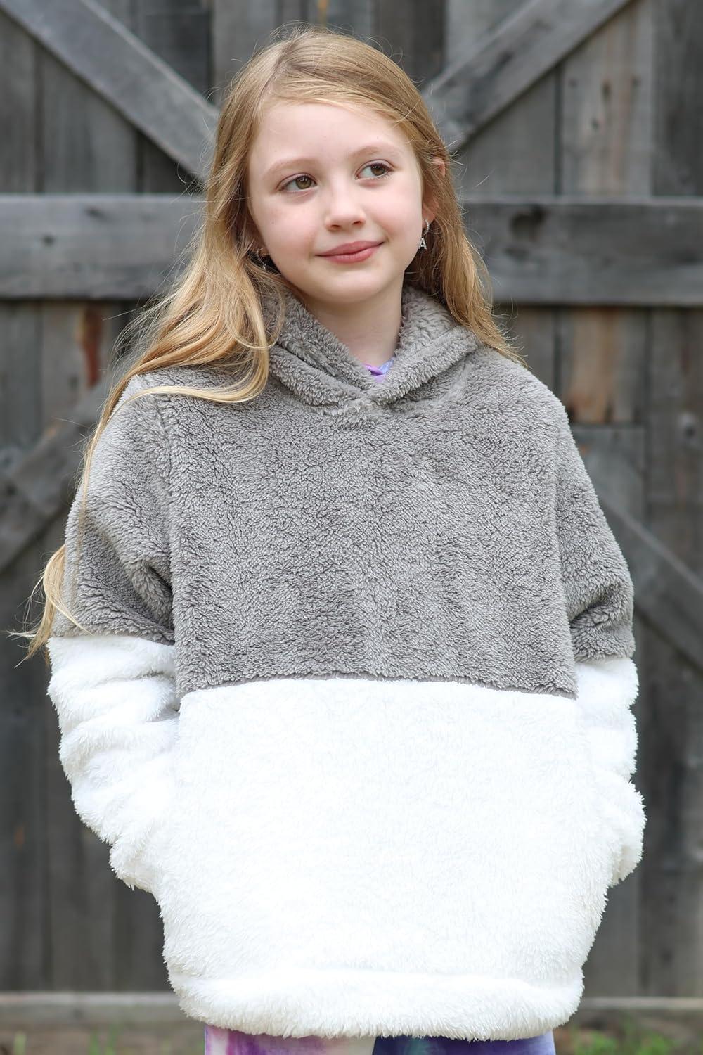 imageArshiner Girls Fuzzy Fleece Hoodies Casual Sweatshirt Sherpa Pullover with Kangaroo PocketsAgrey