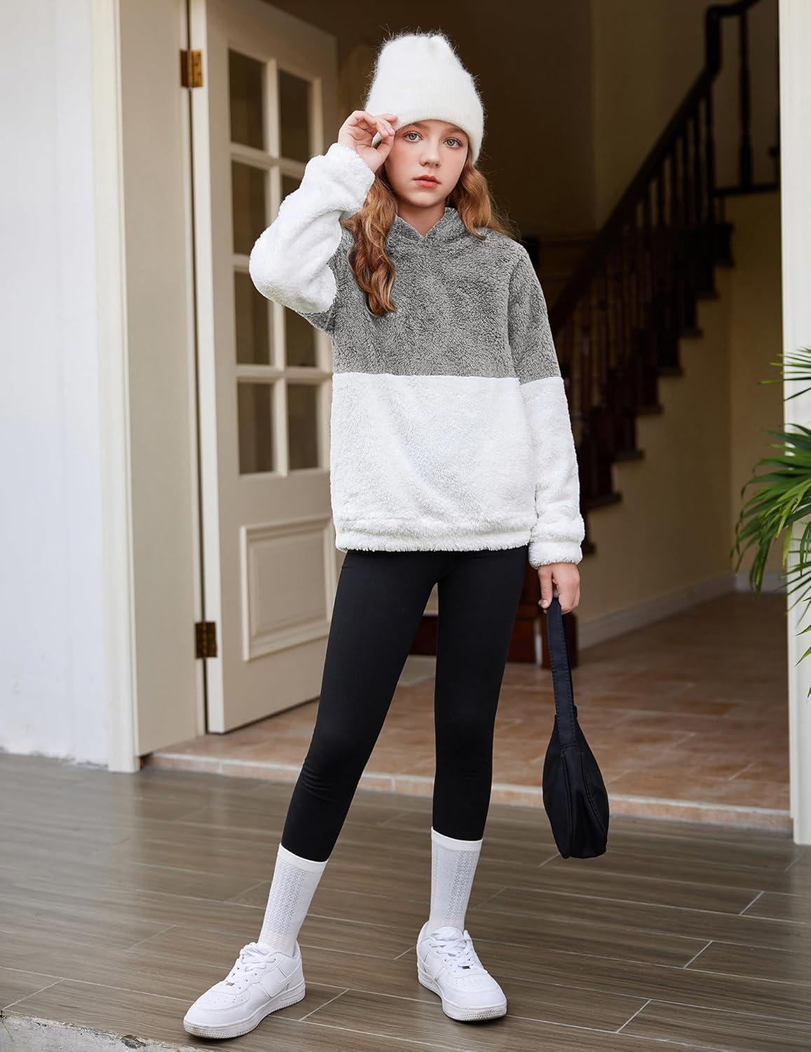 imageArshiner Girls Fuzzy Fleece Hoodies Casual Sweatshirt Sherpa Pullover with Kangaroo PocketsAgrey