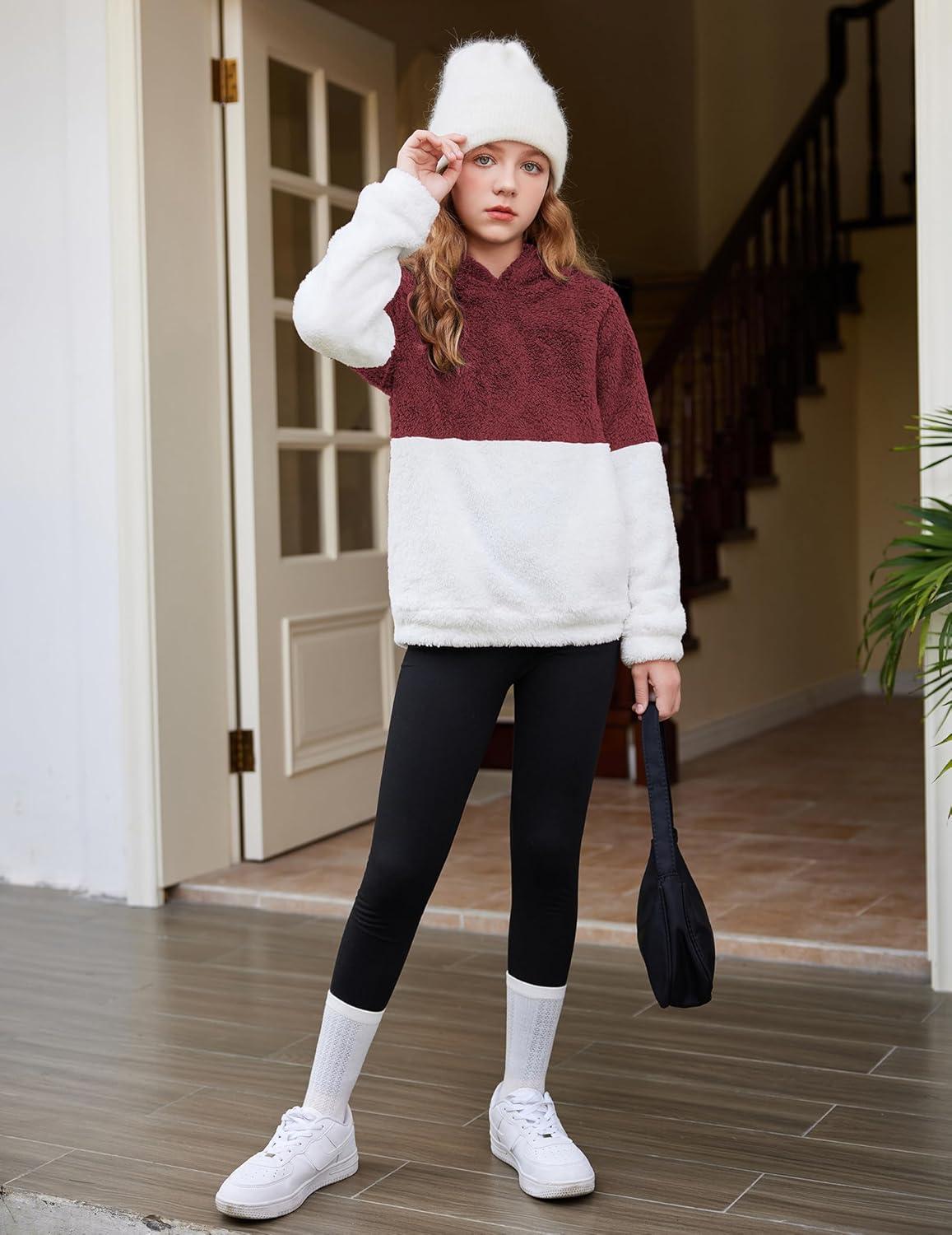 imageArshiner Girls Fuzzy Fleece Hoodies Casual Sweatshirt Sherpa Pullover with Kangaroo PocketsAred