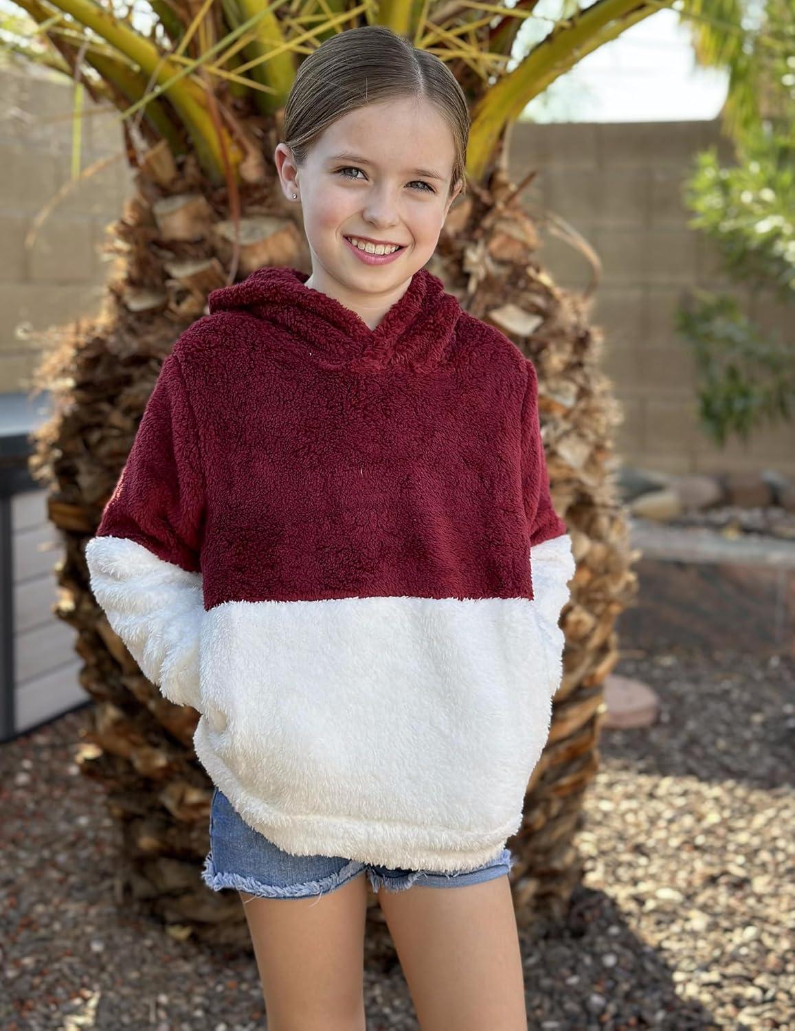 imageArshiner Girls Fuzzy Fleece Hoodies Casual Sweatshirt Sherpa Pullover with Kangaroo PocketsAred