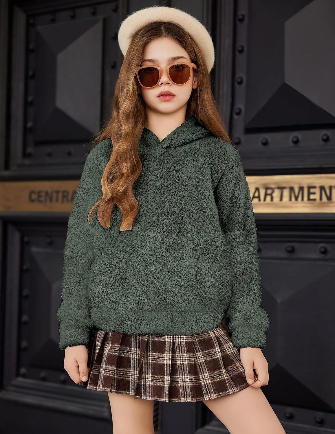 imageArshiner Girls Fuzzy Fleece Hoodies Casual Sweatshirt Sherpa Pullover with Kangaroo PocketsArmy Green