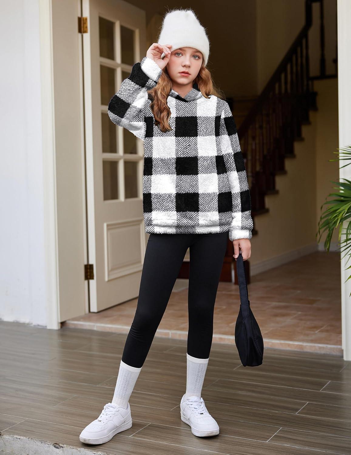 imageArshiner Girls Fuzzy Fleece Hoodies Casual Sweatshirt Sherpa Pullover with Kangaroo PocketsBlack Plaid