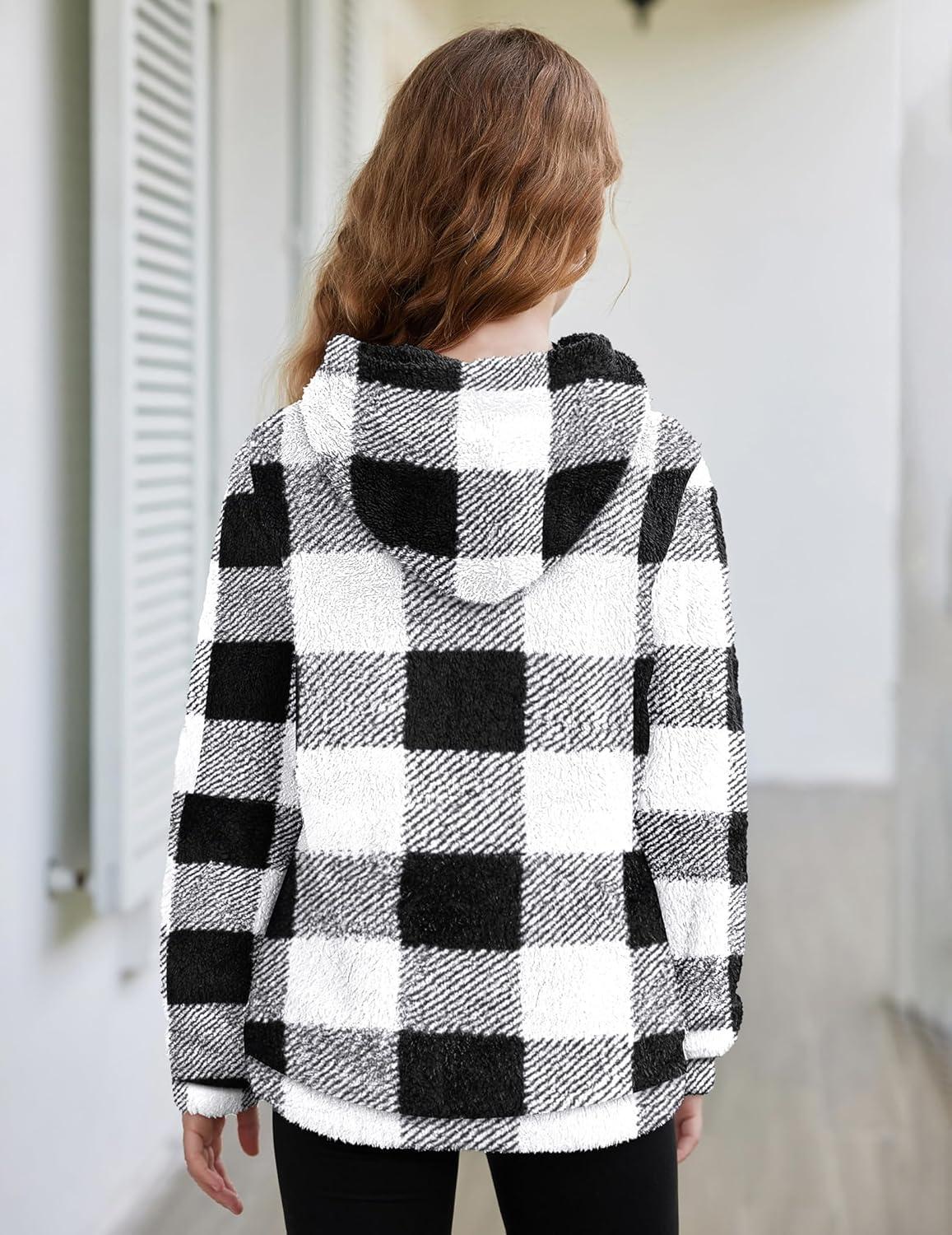imageArshiner Girls Fuzzy Fleece Hoodies Casual Sweatshirt Sherpa Pullover with Kangaroo PocketsBlack Plaid