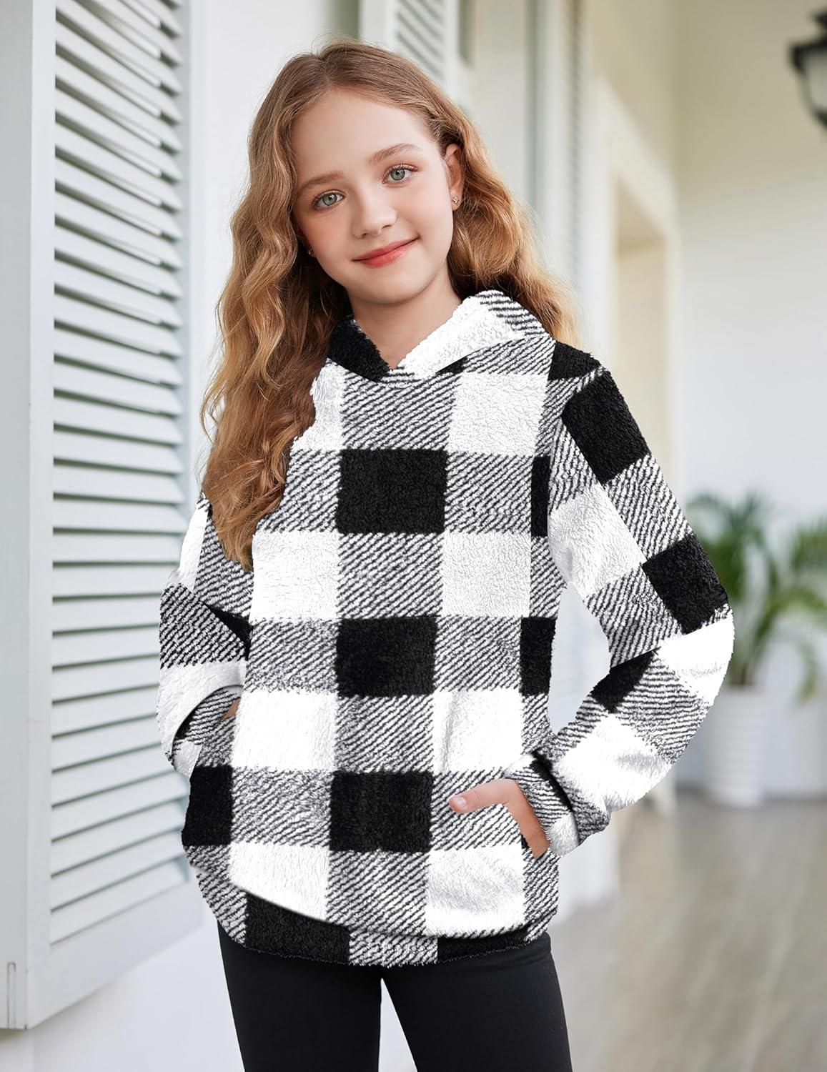 imageArshiner Girls Fuzzy Fleece Hoodies Casual Sweatshirt Sherpa Pullover with Kangaroo PocketsBlack Plaid