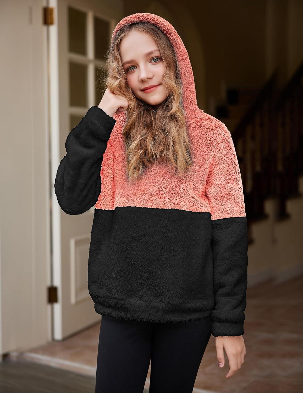 imageArshiner Girls Fuzzy Fleece Hoodies Casual Sweatshirt Sherpa Pullover with Kangaroo PocketsBpink
