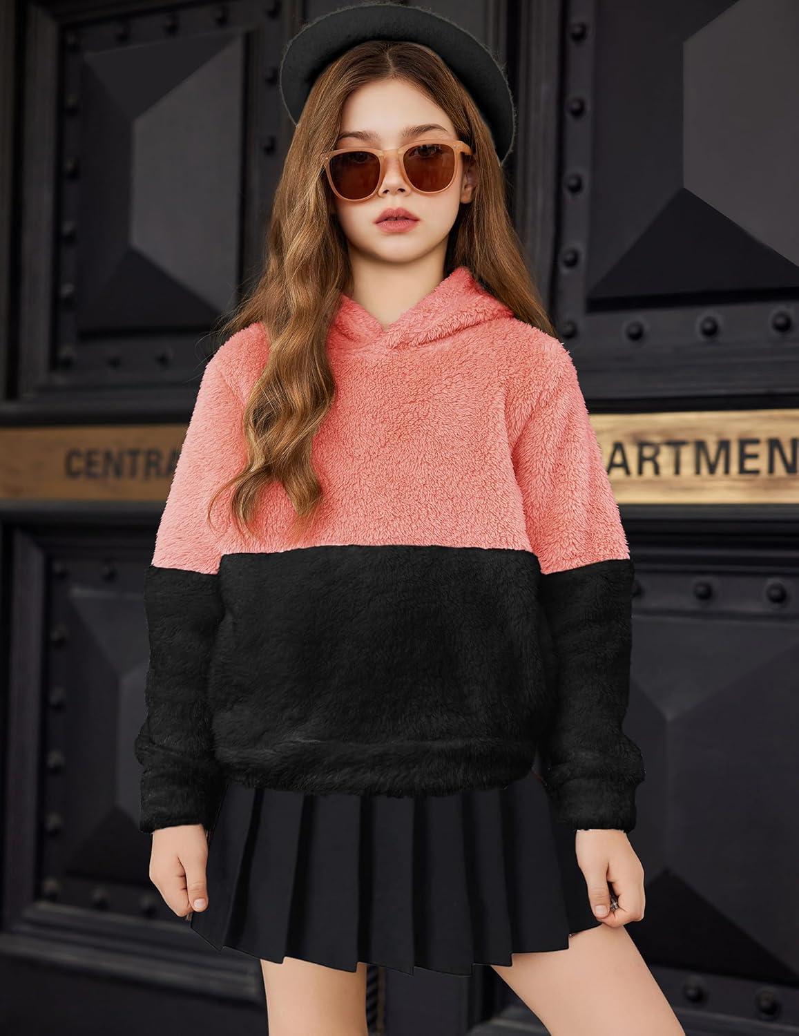 imageArshiner Girls Fuzzy Fleece Hoodies Casual Sweatshirt Sherpa Pullover with Kangaroo PocketsBpink