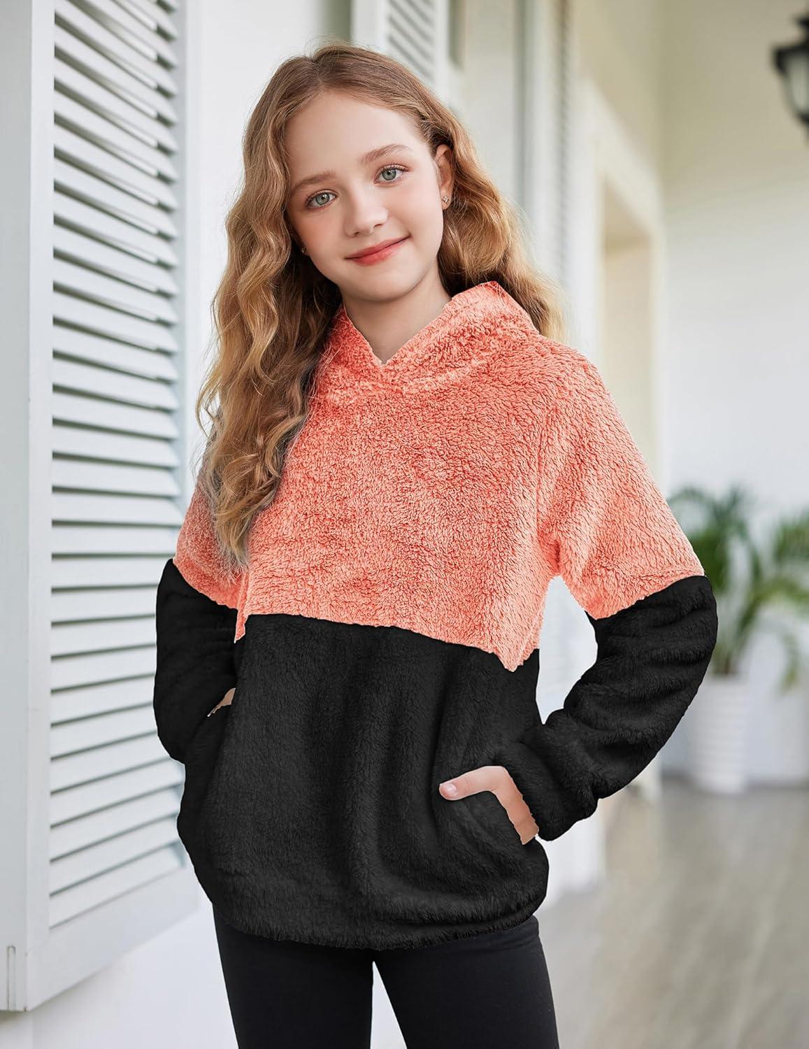 imageArshiner Girls Fuzzy Fleece Hoodies Casual Sweatshirt Sherpa Pullover with Kangaroo PocketsBpink