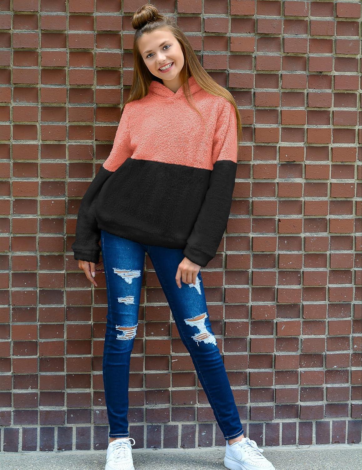 imageArshiner Girls Fuzzy Fleece Hoodies Casual Sweatshirt Sherpa Pullover with Kangaroo PocketsBpink