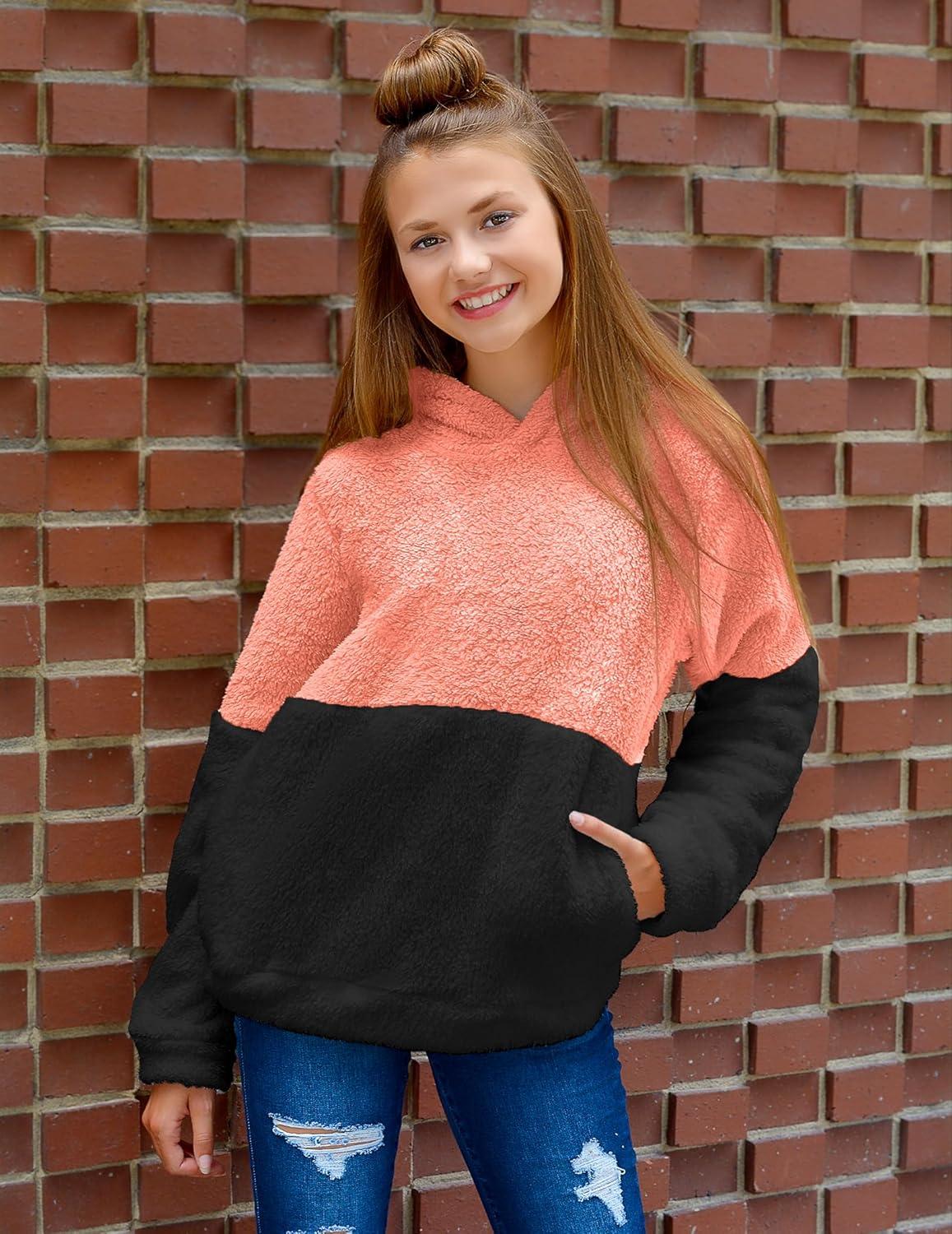 imageArshiner Girls Fuzzy Fleece Hoodies Casual Sweatshirt Sherpa Pullover with Kangaroo PocketsBpink