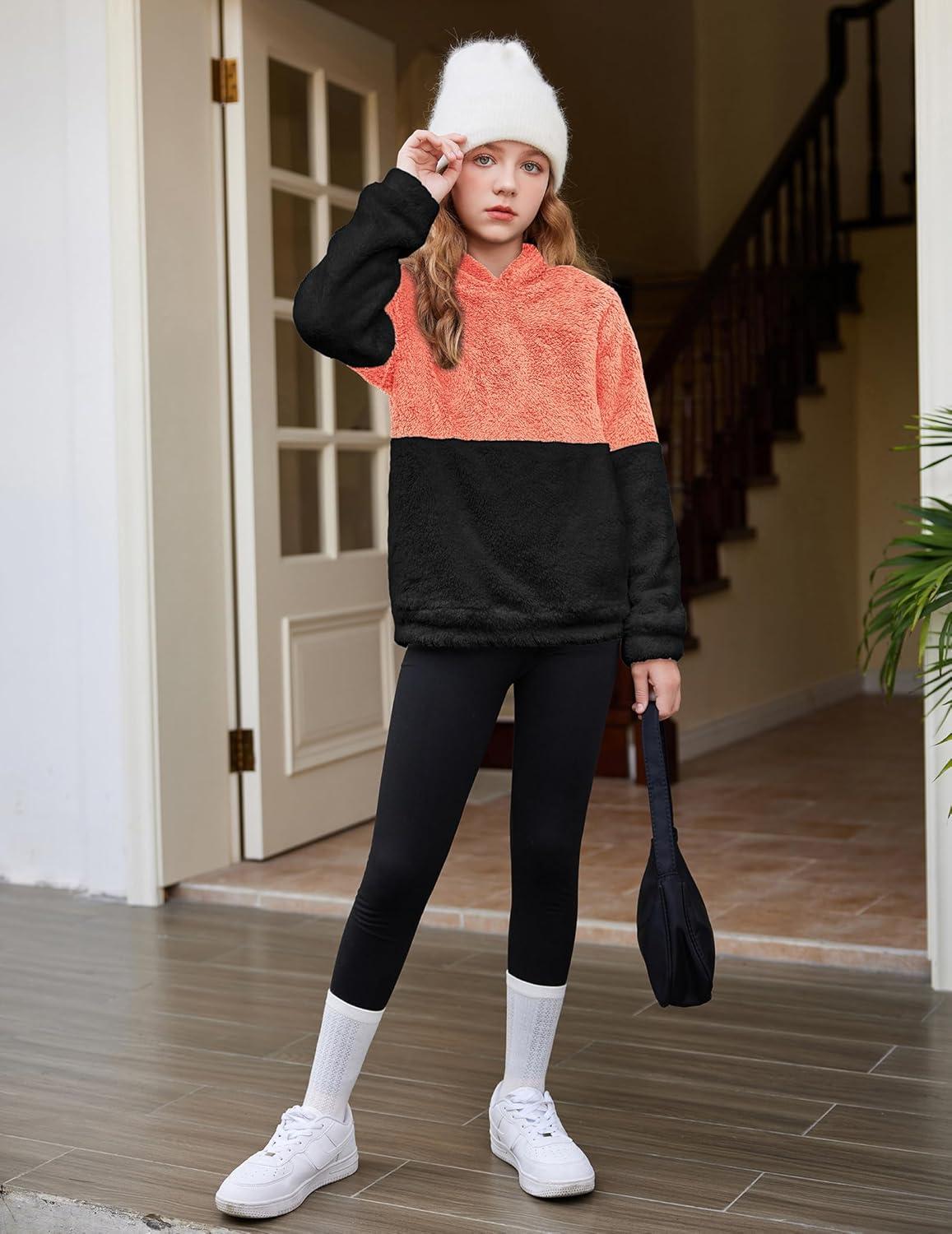 imageArshiner Girls Fuzzy Fleece Hoodies Casual Sweatshirt Sherpa Pullover with Kangaroo PocketsBpink