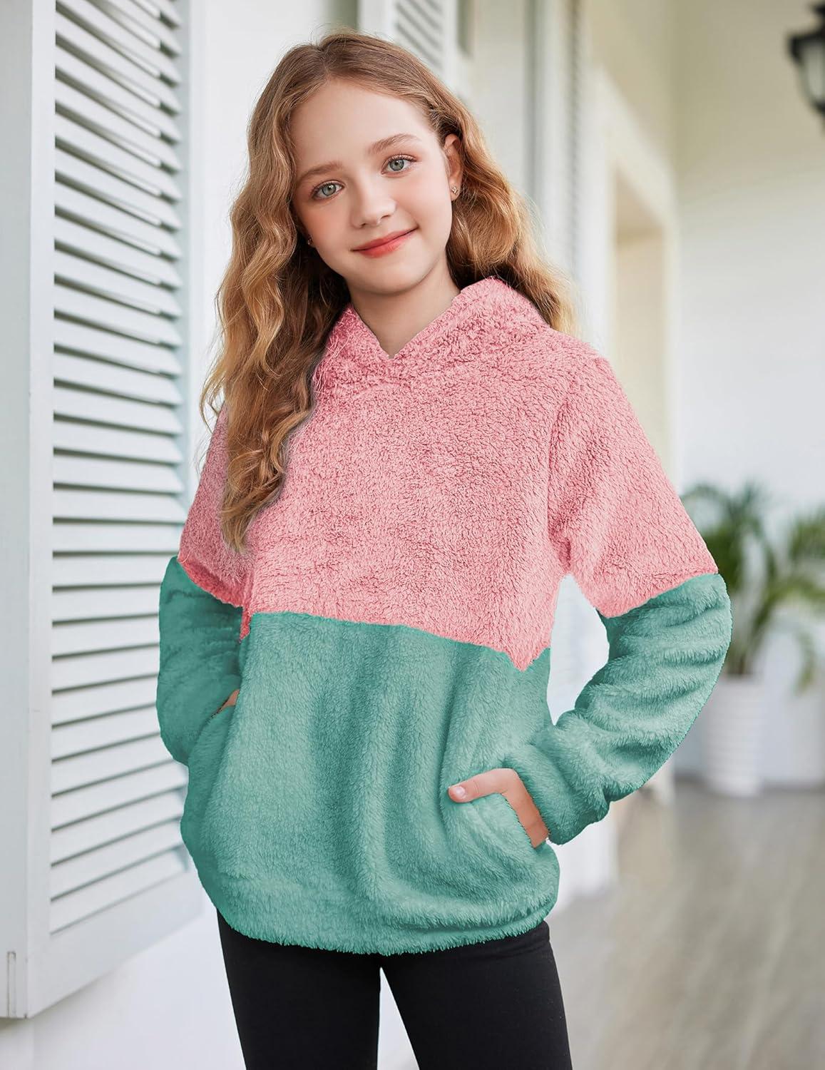 imageArshiner Girls Fuzzy Fleece Hoodies Casual Sweatshirt Sherpa Pullover with Kangaroo PocketsCgreen