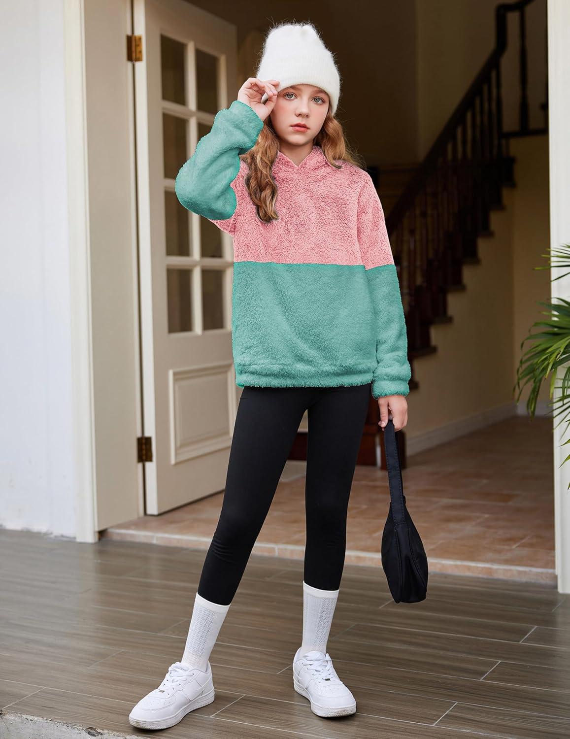 imageArshiner Girls Fuzzy Fleece Hoodies Casual Sweatshirt Sherpa Pullover with Kangaroo PocketsCgreen