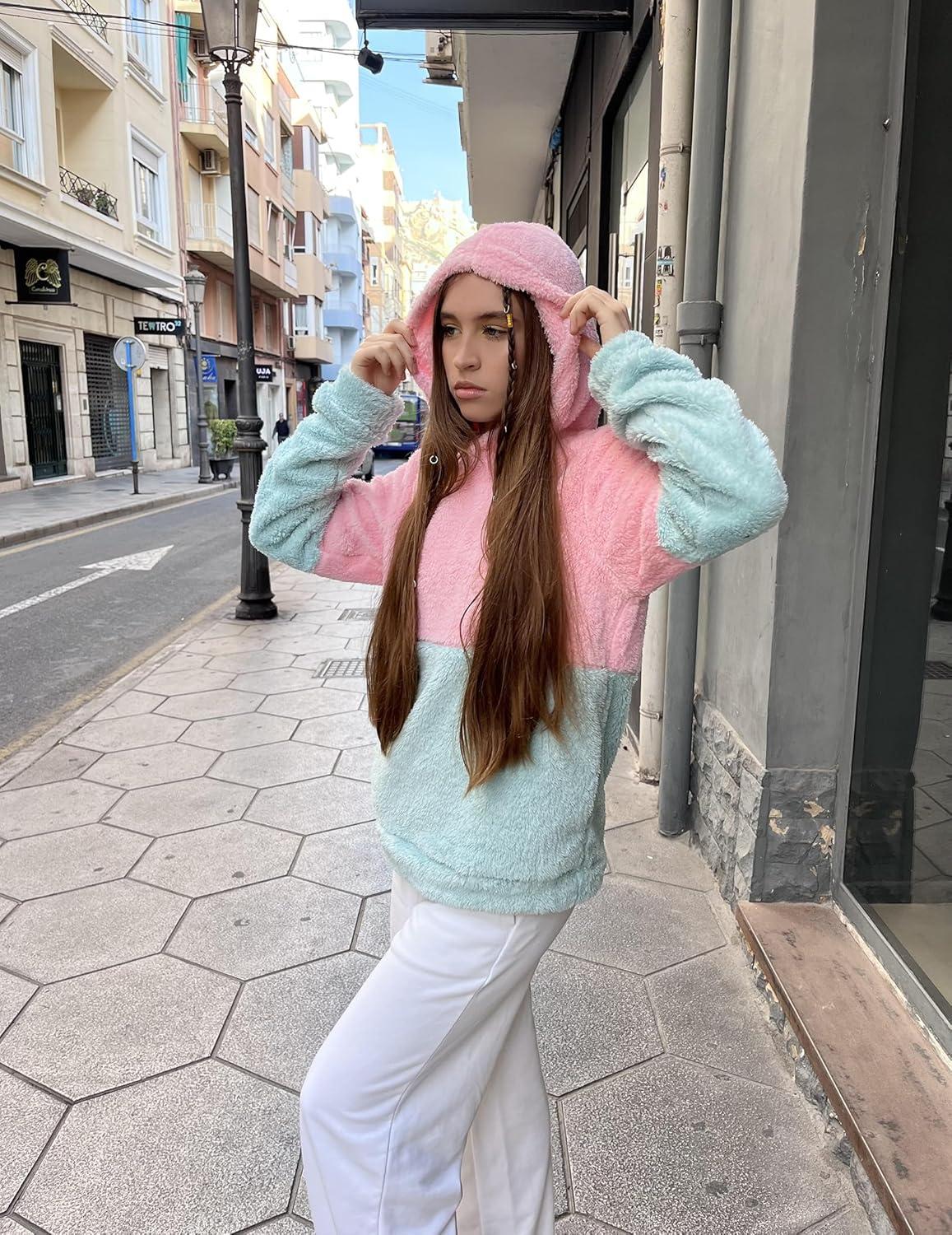 imageArshiner Girls Fuzzy Fleece Hoodies Casual Sweatshirt Sherpa Pullover with Kangaroo PocketsCgreen