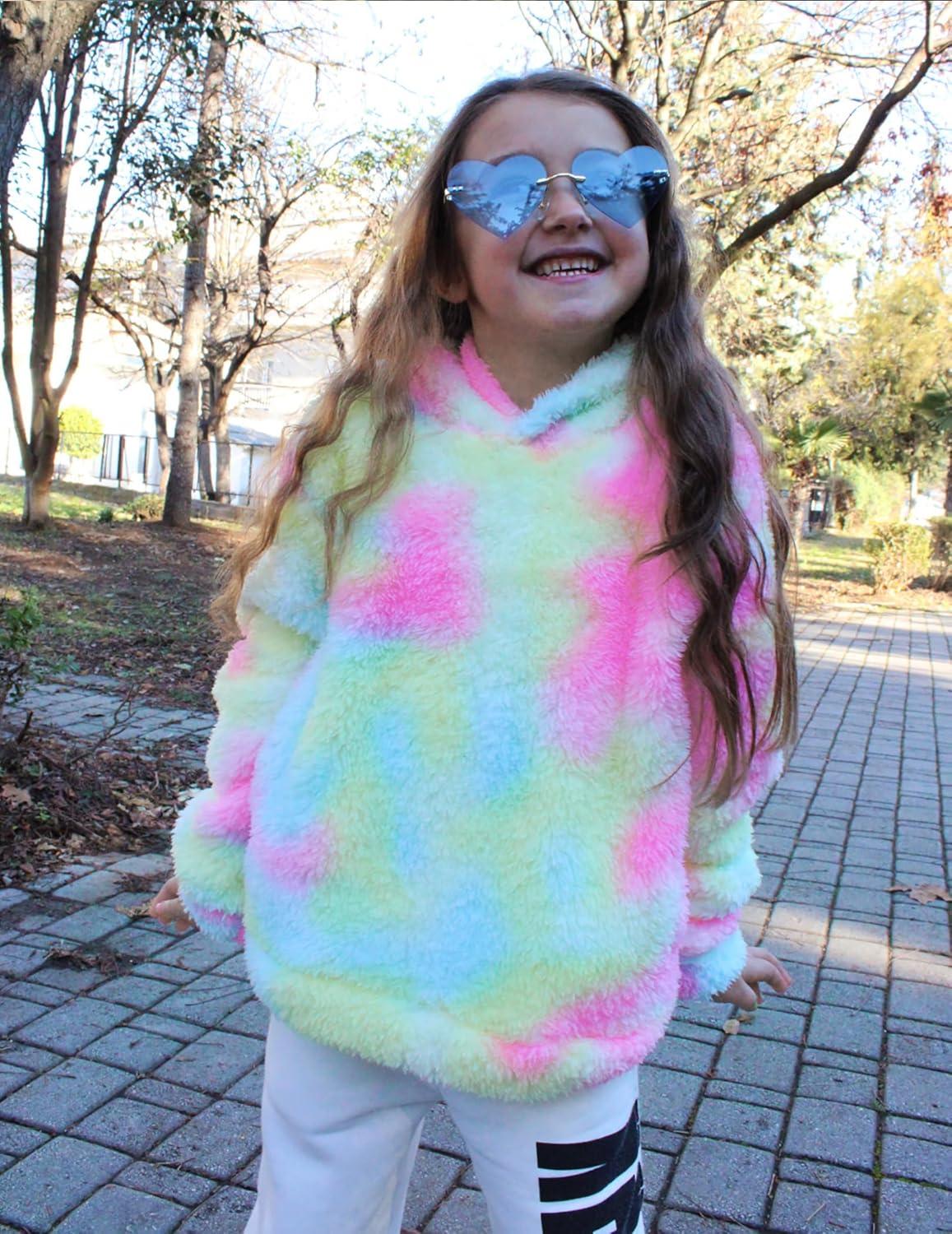 imageArshiner Girls Fuzzy Fleece Hoodies Casual Sweatshirt Sherpa Pullover with Kangaroo PocketsDpink Blue