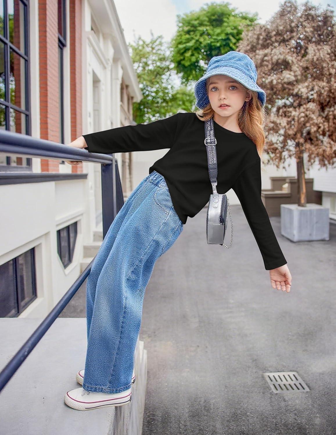imageArshiner Girls Long Sleeve Shirts Drop Shoulder Casual Loose Fit Crewneck Blouse Tee TopsBlack