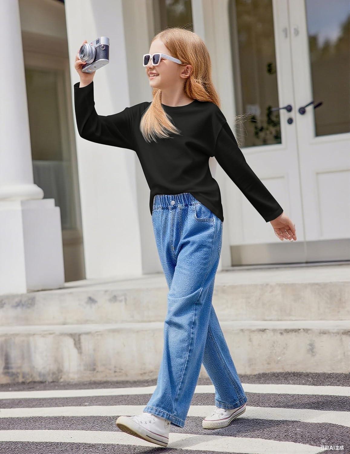 imageArshiner Girls Long Sleeve Shirts Drop Shoulder Casual Loose Fit Crewneck Blouse Tee TopsBlack