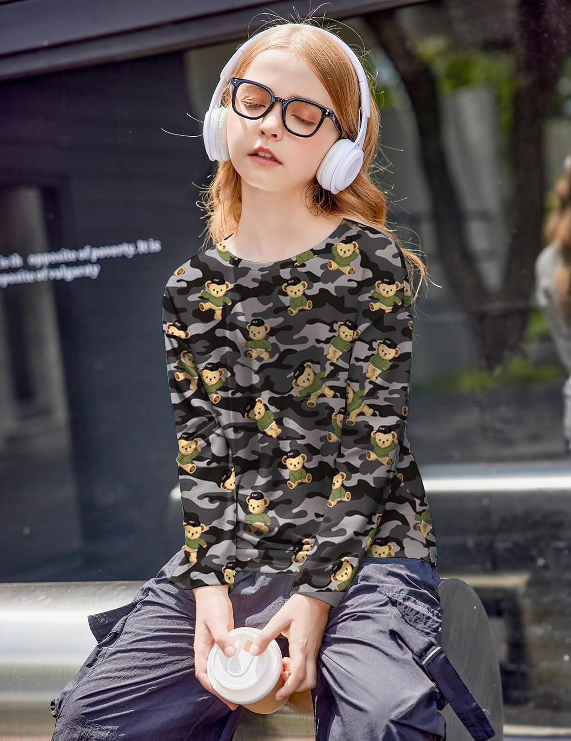 imageArshiner Girls Long Sleeve Shirts Drop Shoulder Casual Loose Fit Crewneck Blouse Tee TopsCamoteddy