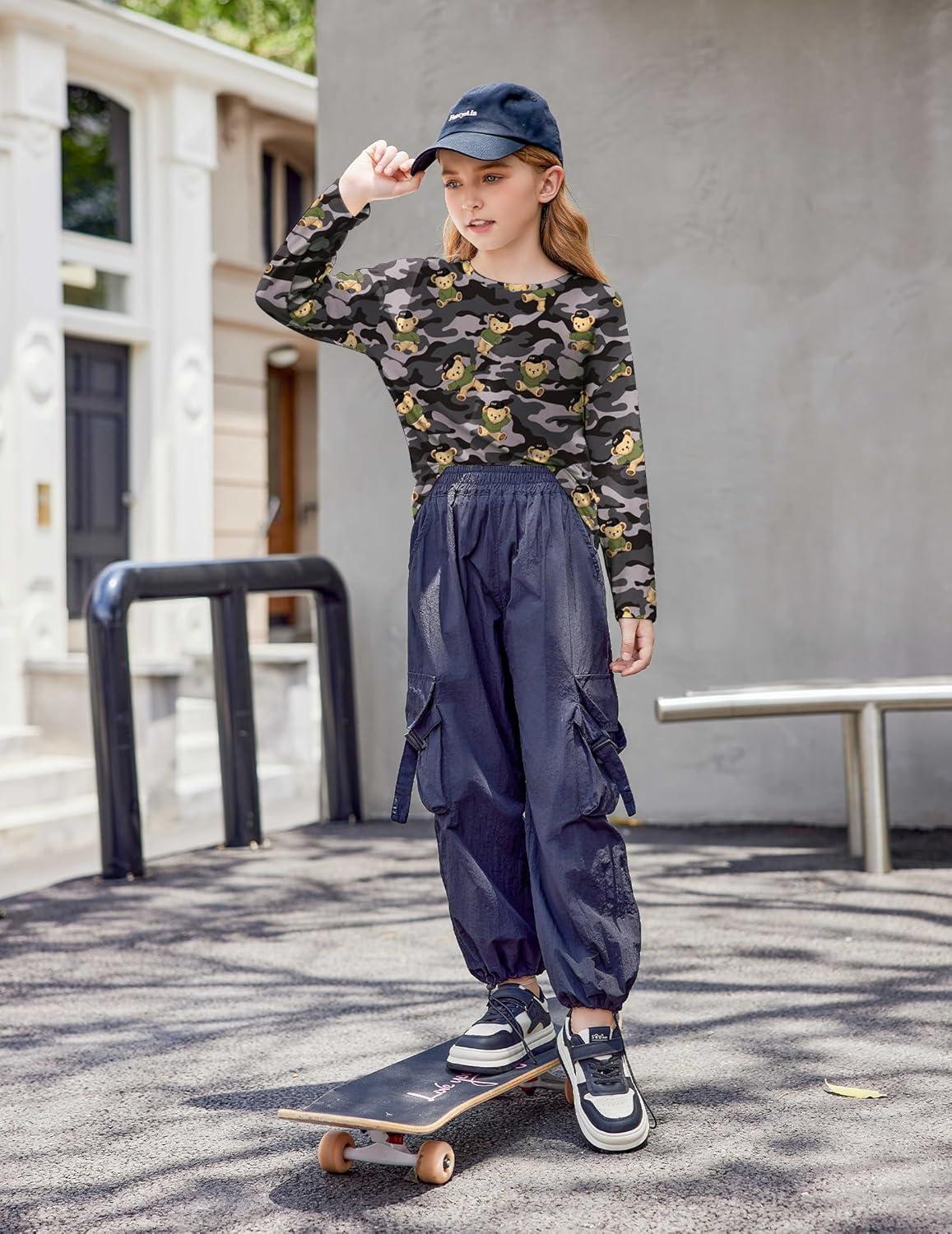 imageArshiner Girls Long Sleeve Shirts Drop Shoulder Casual Loose Fit Crewneck Blouse Tee TopsCamoteddy
