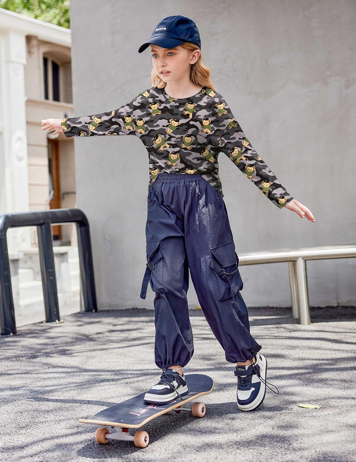 imageArshiner Girls Long Sleeve Shirts Drop Shoulder Casual Loose Fit Crewneck Blouse Tee TopsCamoteddy