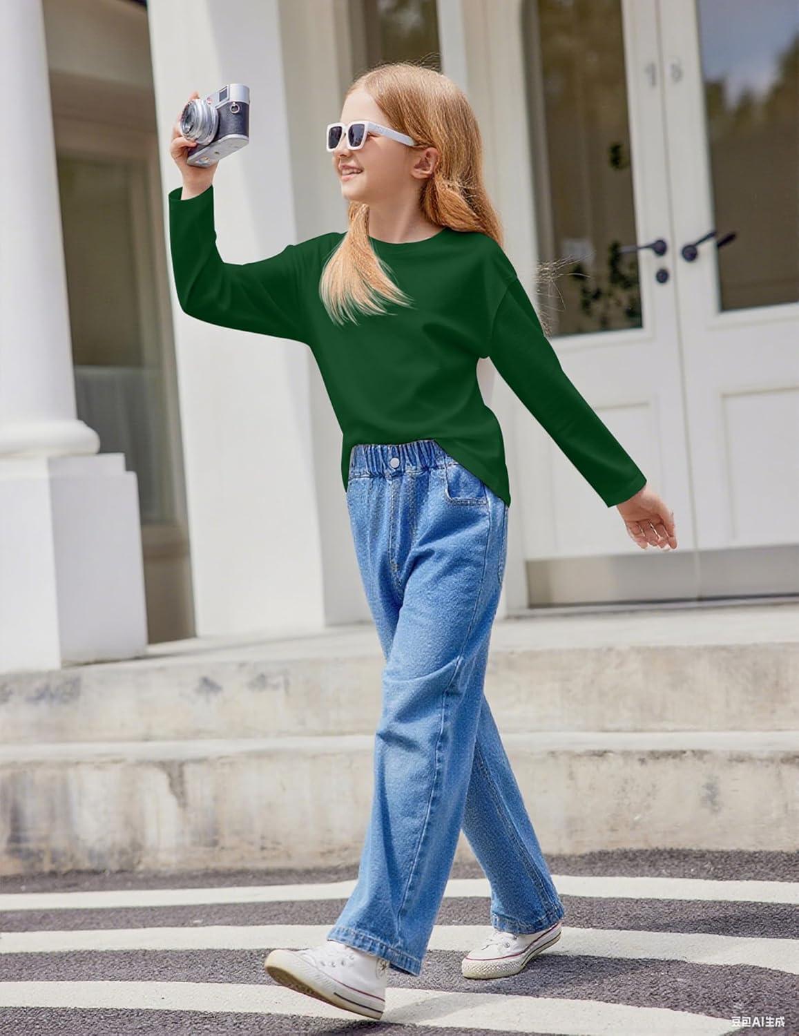 imageArshiner Girls Long Sleeve Shirts Drop Shoulder Casual Loose Fit Crewneck Blouse Tee TopsGreen