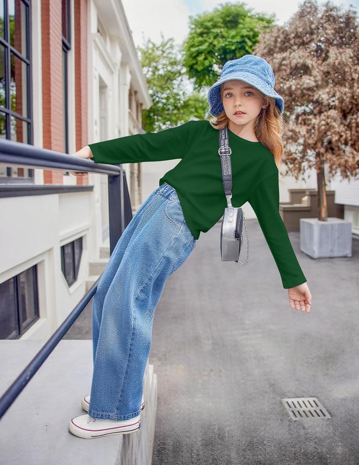 imageArshiner Girls Long Sleeve Shirts Drop Shoulder Casual Loose Fit Crewneck Blouse Tee TopsGreen