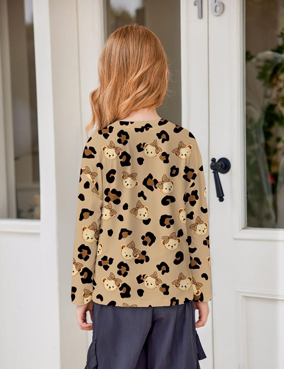 imageArshiner Girls Long Sleeve Shirts Drop Shoulder Casual Loose Fit Crewneck Blouse Tee TopsLeopardteddy