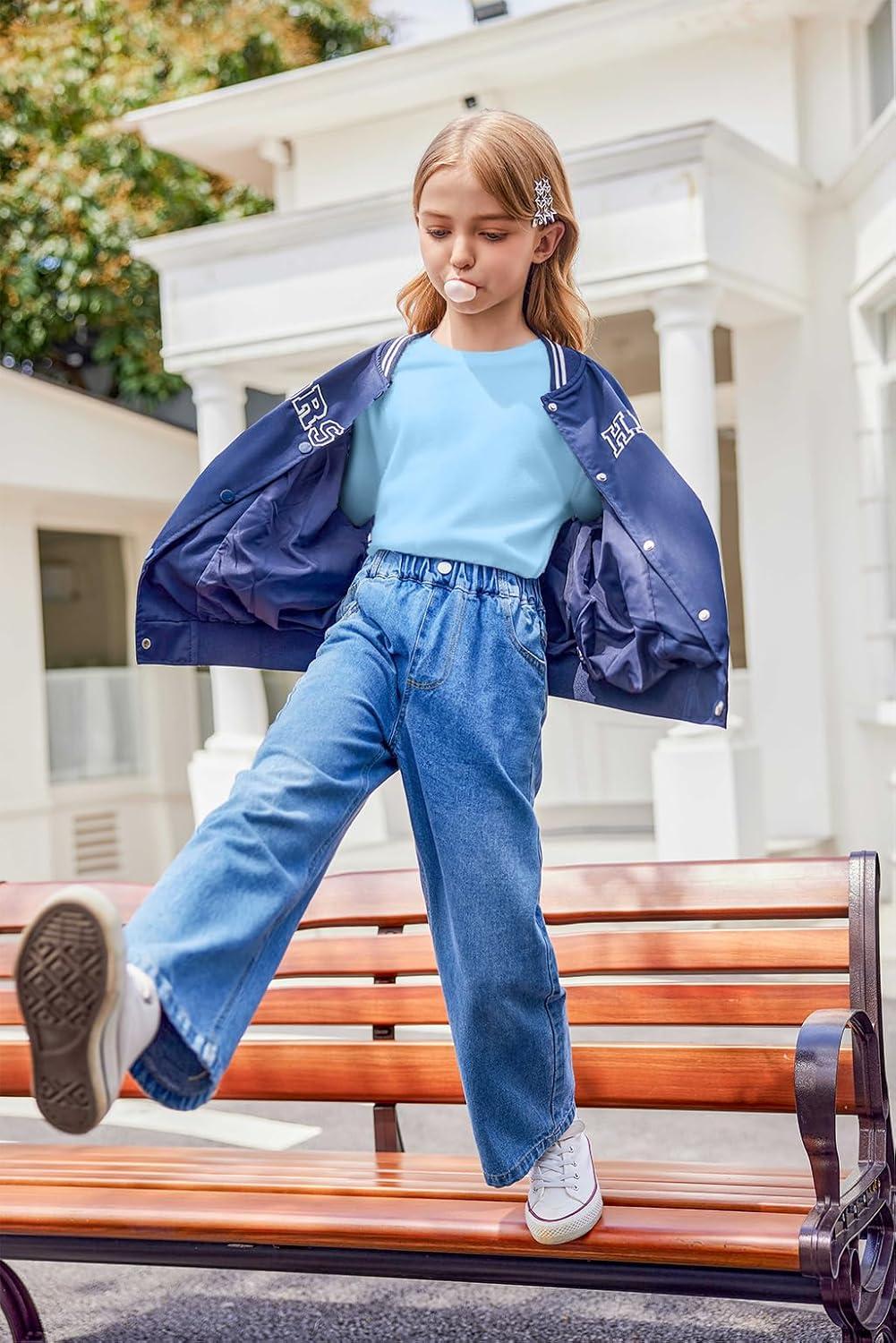 imageArshiner Girls Long Sleeve Shirts Drop Shoulder Casual Loose Fit Crewneck Blouse Tee TopsLight Blue