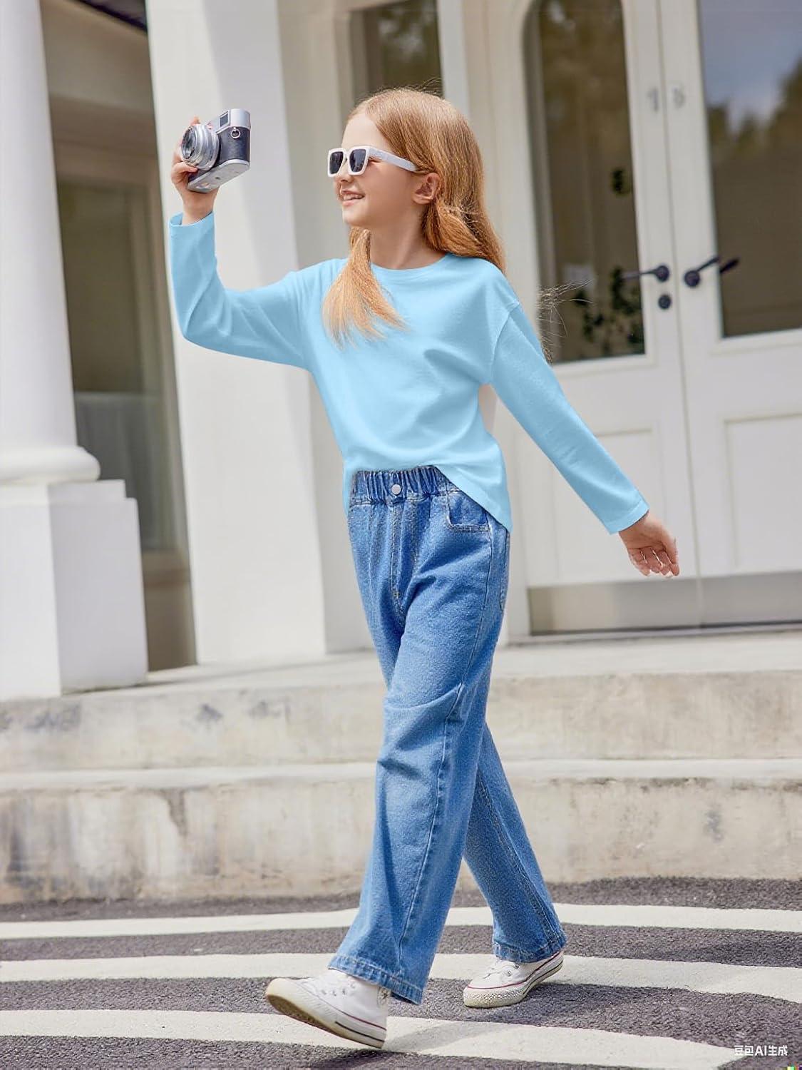 imageArshiner Girls Long Sleeve Shirts Drop Shoulder Casual Loose Fit Crewneck Blouse Tee TopsLight Blue