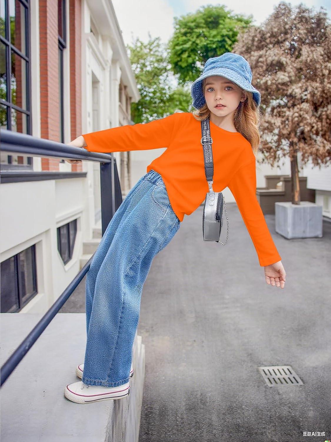imageArshiner Girls Long Sleeve Shirts Drop Shoulder Casual Loose Fit Crewneck Blouse Tee TopsOrange