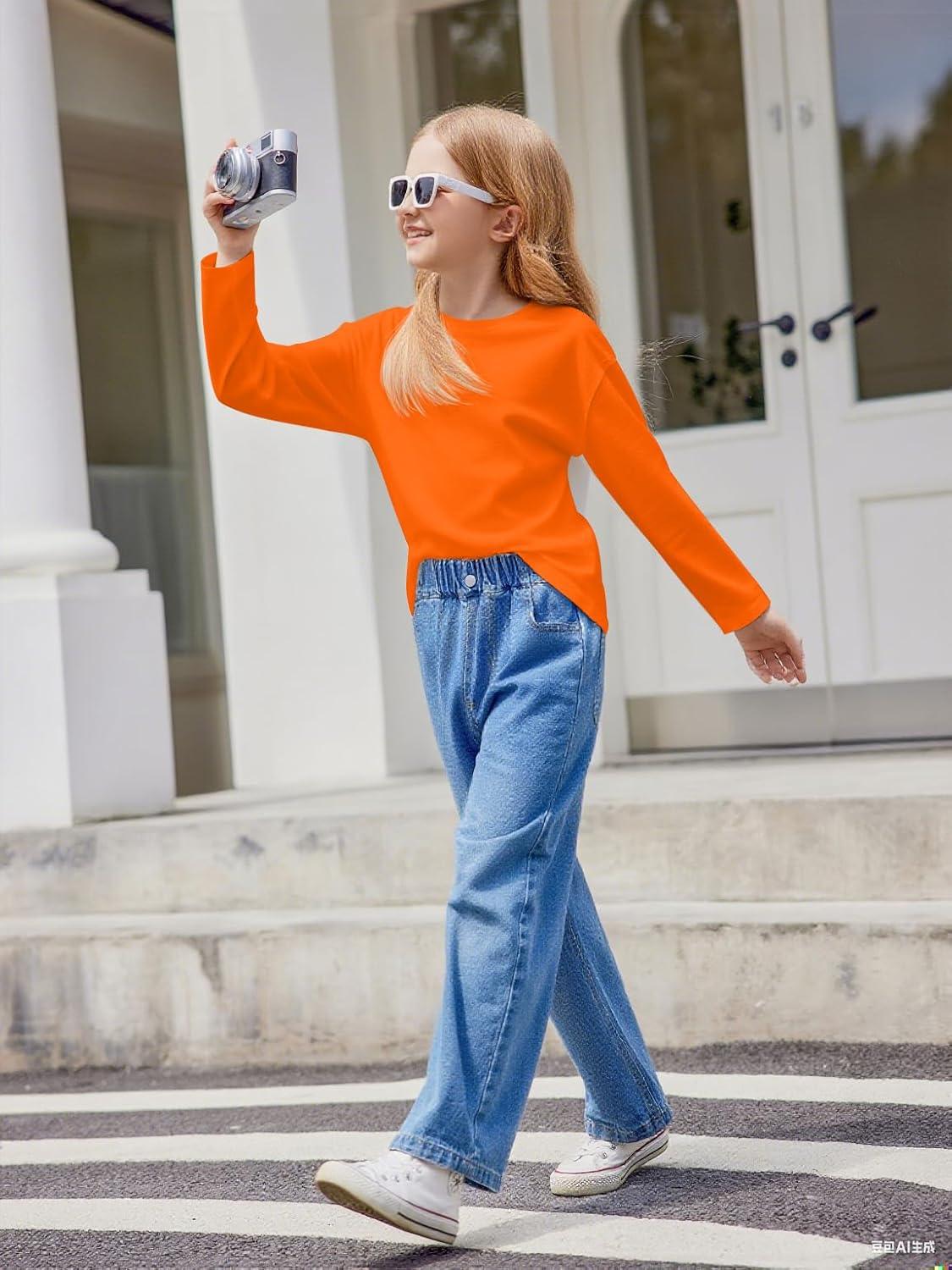 imageArshiner Girls Long Sleeve Shirts Drop Shoulder Casual Loose Fit Crewneck Blouse Tee TopsOrange