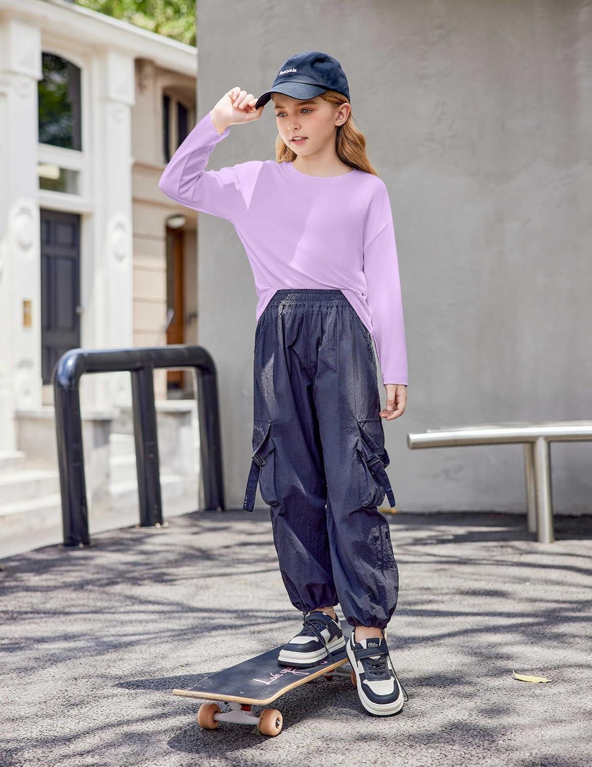 imageArshiner Girls Long Sleeve Shirts Drop Shoulder Casual Loose Fit Crewneck Blouse Tee TopsPurple