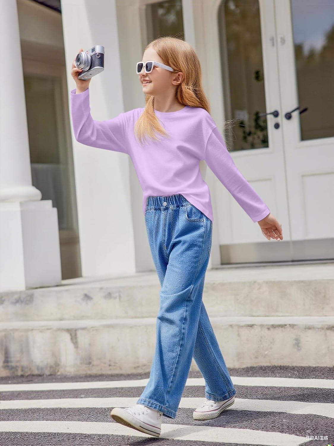 imageArshiner Girls Long Sleeve Shirts Drop Shoulder Casual Loose Fit Crewneck Blouse Tee TopsPurple