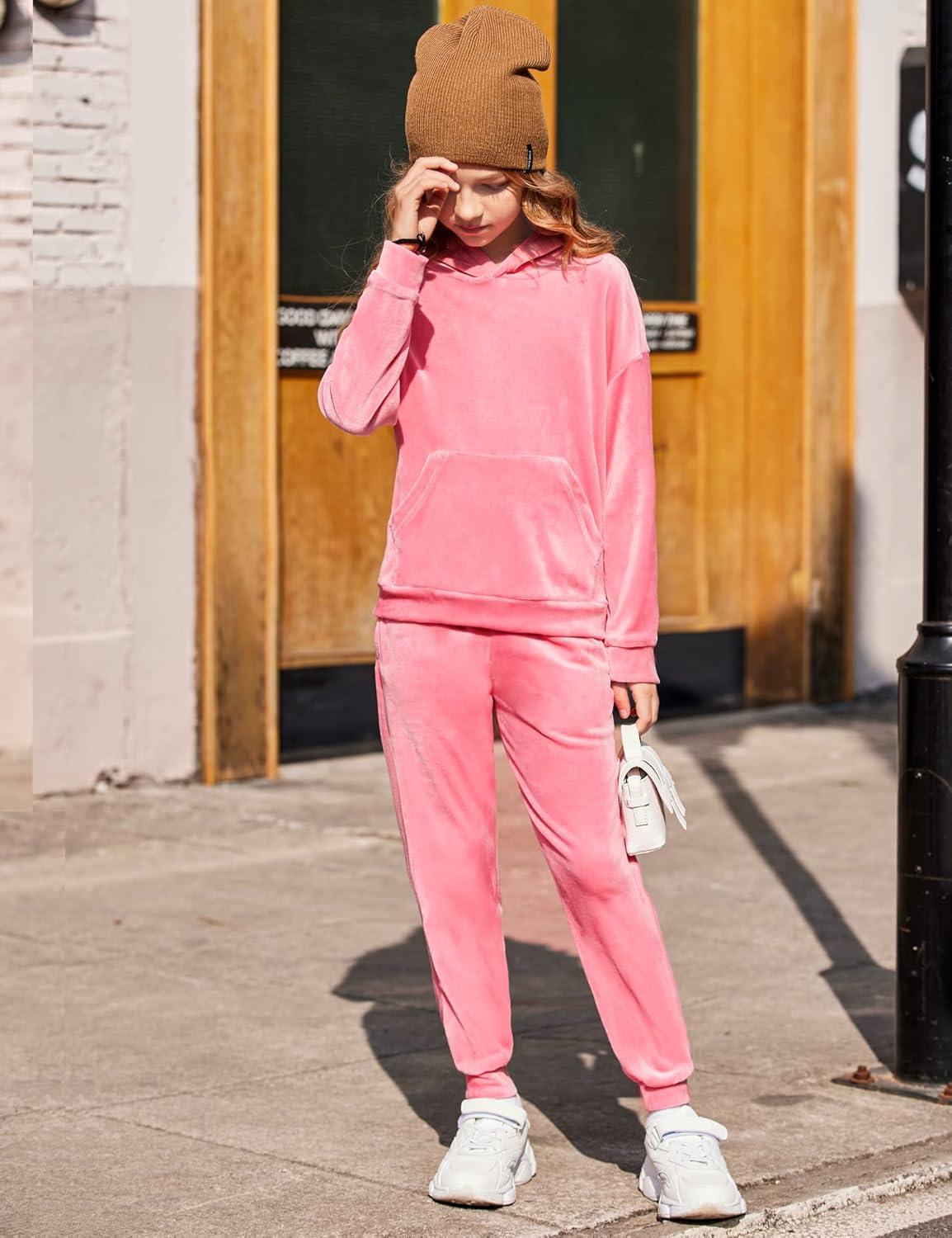 imageArshiner Girls Velour 2 Pieces Tracksuits Outfits Athletic Hoodies Sweatshirts and Sweatpants Athletic Clothing SetsCoral