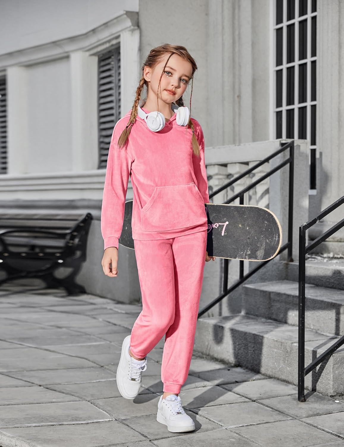 imageArshiner Girls Velour 2 Pieces Tracksuits Outfits Athletic Hoodies Sweatshirts and Sweatpants Athletic Clothing SetsCoral