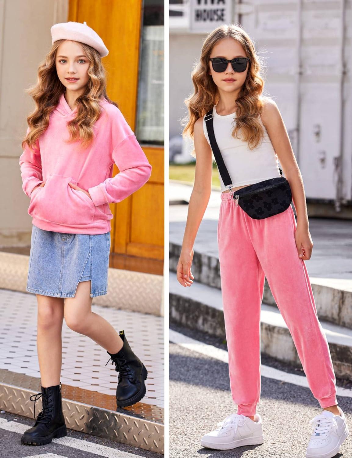 imageArshiner Girls Velour 2 Pieces Tracksuits Outfits Athletic Hoodies Sweatshirts and Sweatpants Athletic Clothing SetsCoral