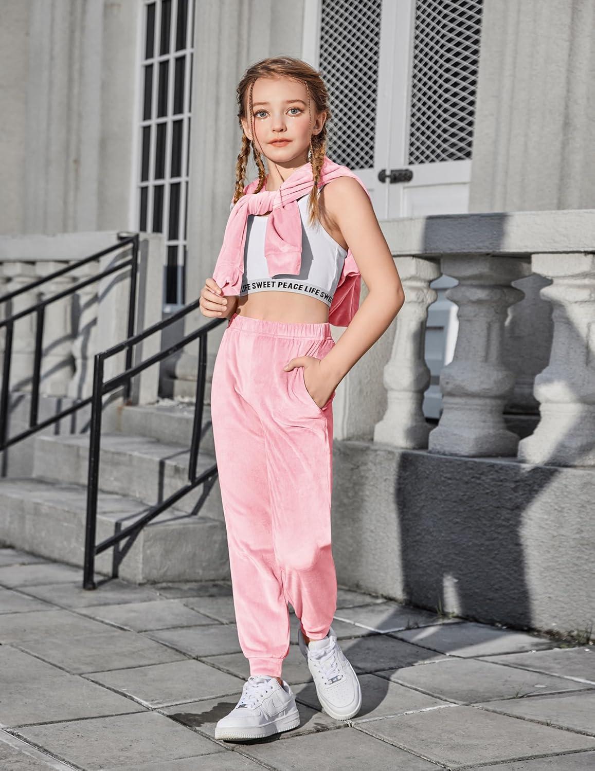 imageArshiner Girls Velour 2 Pieces Tracksuits Outfits Athletic Hoodies Sweatshirts and Sweatpants Athletic Clothing SetsPastel Pink
